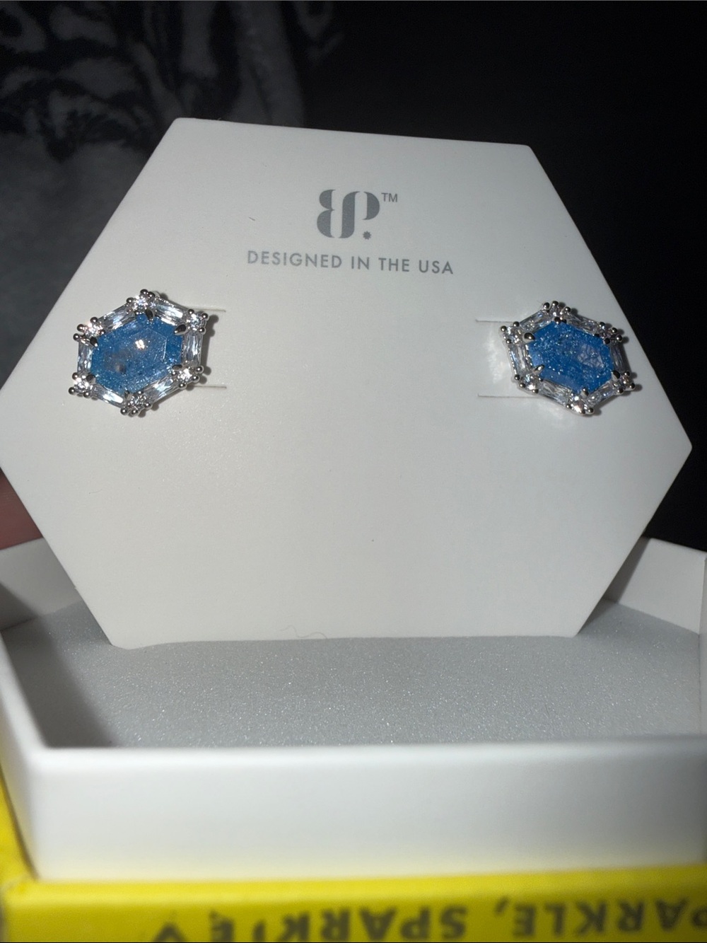 bp Blue Hexagon Crystal Stud Earrings